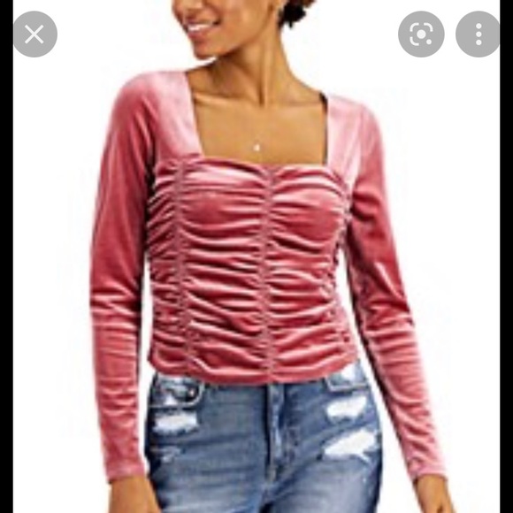 love, Fire Tops - Love, Fire Velvet Pink Ruched Long Sleeve Top